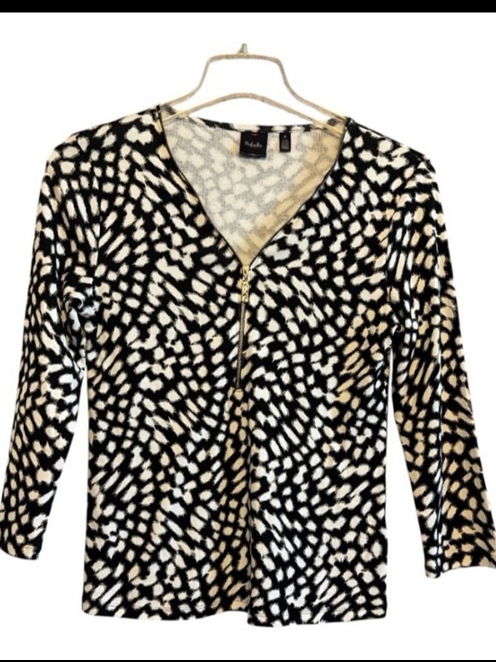 Rafaela Black & White 3/4 Zip Front Feminine Style Stretch Top Size Medium